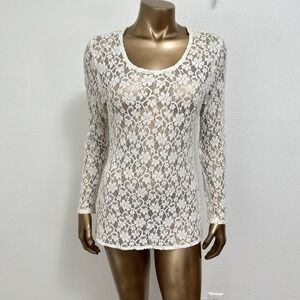 Y2K Cream Sheer Lace Long Sleeve Top Blouse Romantic Coquette Whimsycore Fairy M